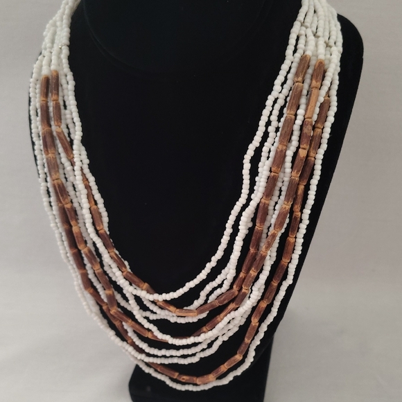 Multi-Strand White and Brown Beaded Statement Necklace - Picture 2 of 7